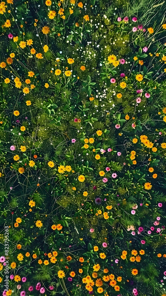 A scenic bird's-eye view of a beautiful flower field in a natural setting