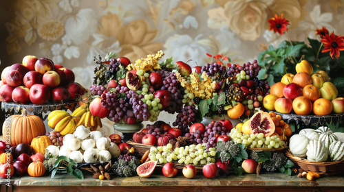 Various fresh fruits are neatly arranged on a table, showcasing a vibrant assortment of colors and shapes