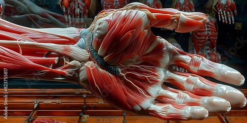 Comprehensive 360-degree panorama highlighting the detailed anatomy of the hand's intrinsic and extrinsic muscles photo