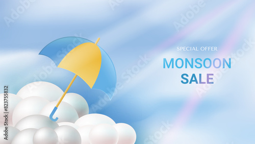 Poster template for Great Monsoon Sale design with colorful umbrella and clouds. Vector illustration