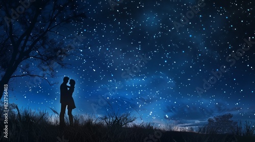 A couple sharing a tender embrace under a starry sky, the moment filled with romance and wonder.