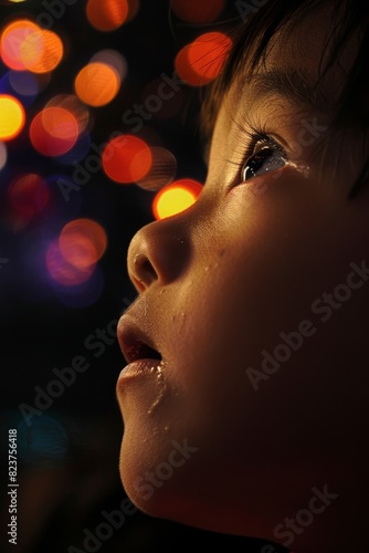 A child's eyes widening in amazement as they watch a fireworks display light up the night sky. photo