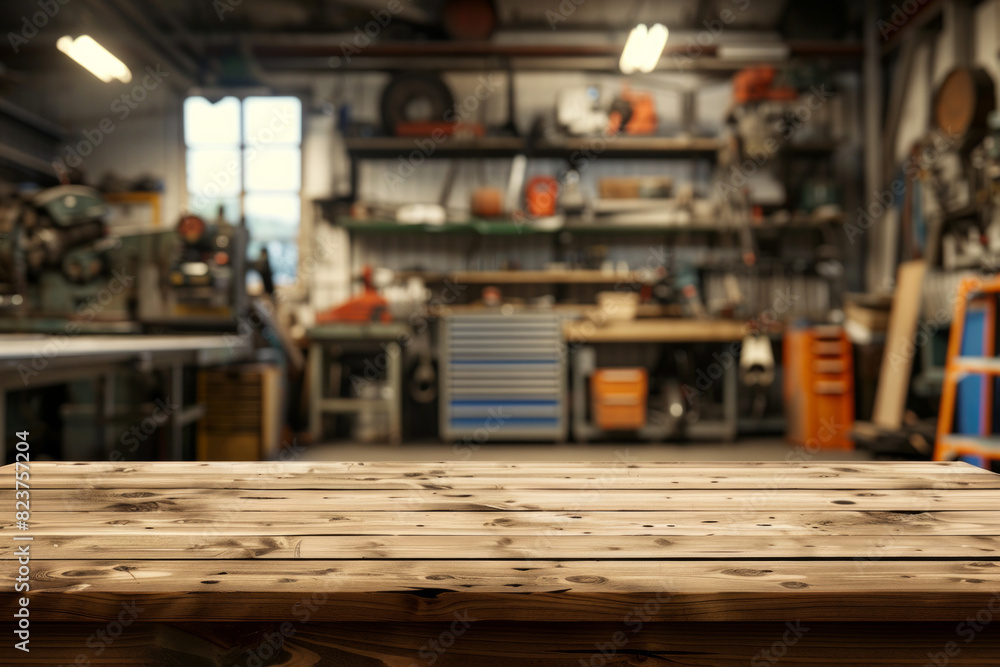 A wooden workbench in the foreground with a blurred background of an industrial workshop. The background includes various tools and equipment, metalworking machines, safety gear, and shelves. A wooden workbench in the foreground with a blurred background of an industrial workshop. The background includes various tools and equipment, metalworking machines, safety gear, and shelves.