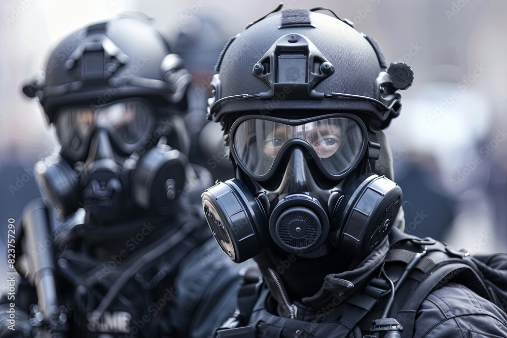Heavily armed SWAT officers in protective gear and intimidating gas masks Heavily armed SWAT officers in protective gear and intimidating gas masks