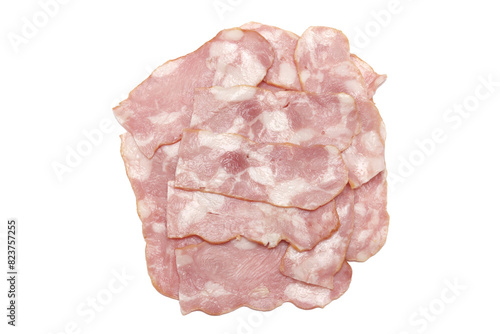 Close up of fresh bacon pieces isolated white background.