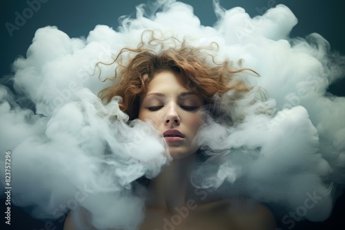 Serene portrait of a woman with flowing hair surrounded by billowing clouds, evoking a dreamy atmosphere