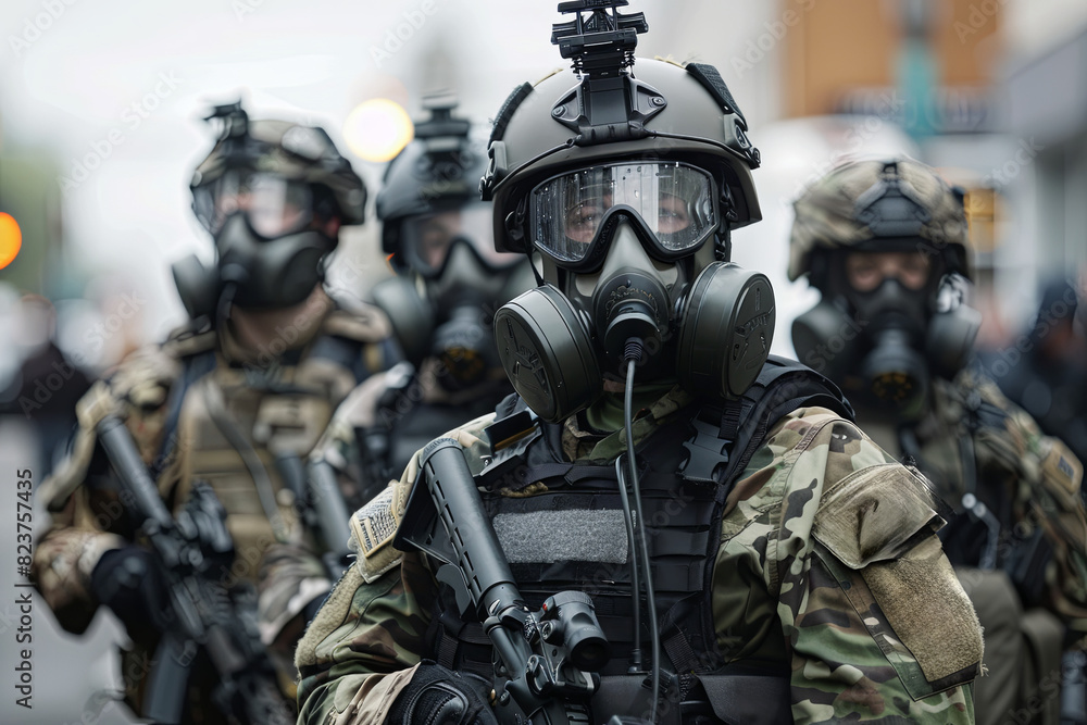 Heavily armed SWAT officers in protective gear and intimidating gas masks Heavily armed SWAT officers in protective gear and intimidating gas masks