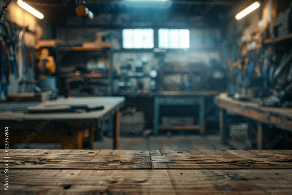 A wooden workbench in the foreground with a blurred background of an industrial workshop. The background includes various tools and equipment, metalworking machines, safety gear, and shelves. A wooden workbench in the foreground with a blurred background of an industrial workshop. The background includes various tools and equipment, metalworking machines, safety gear, and shelves.