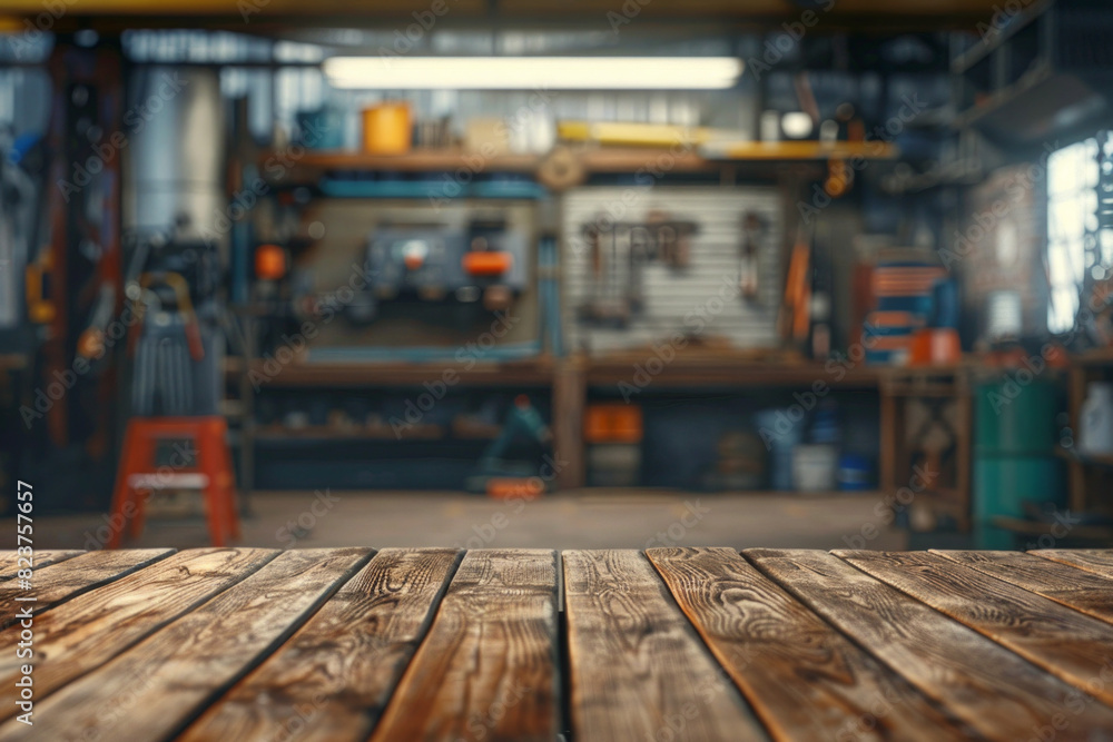 A wooden workbench in the foreground with a blurred background of an industrial workshop. The background includes various tools and equipment, metalworking machines, safety gear, and shelves. A wooden workbench in the foreground with a blurred background of an industrial workshop. The background includes various tools and equipment, metalworking machines, safety gear, and shelves.