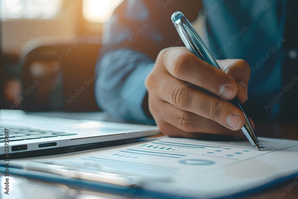 Using a pen, the businessman indicates the correct sign on the checklist Using a pen, the businessman indicates the correct sign on the checklist