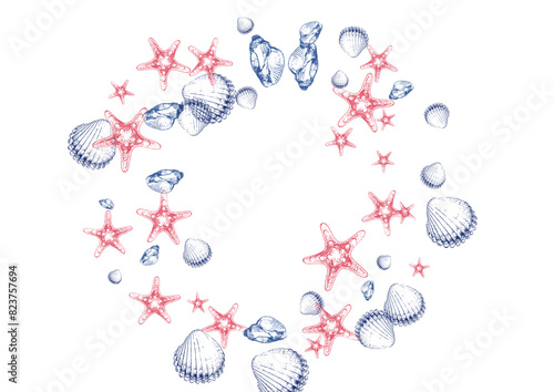 Red Snail Background White Vector. Scallop Drawing Texture. Marine Textile Card. Orange Shellfish Nautical Wallpaper.