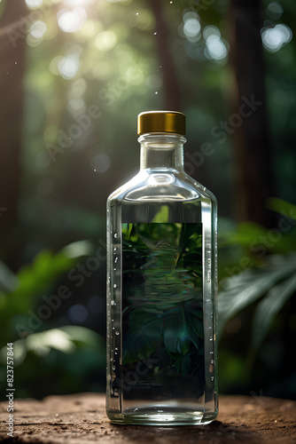 Organic Product Template for Cosmetics or Natural Products. Crystal Clear Water Bottle in Natural Forest Setting.