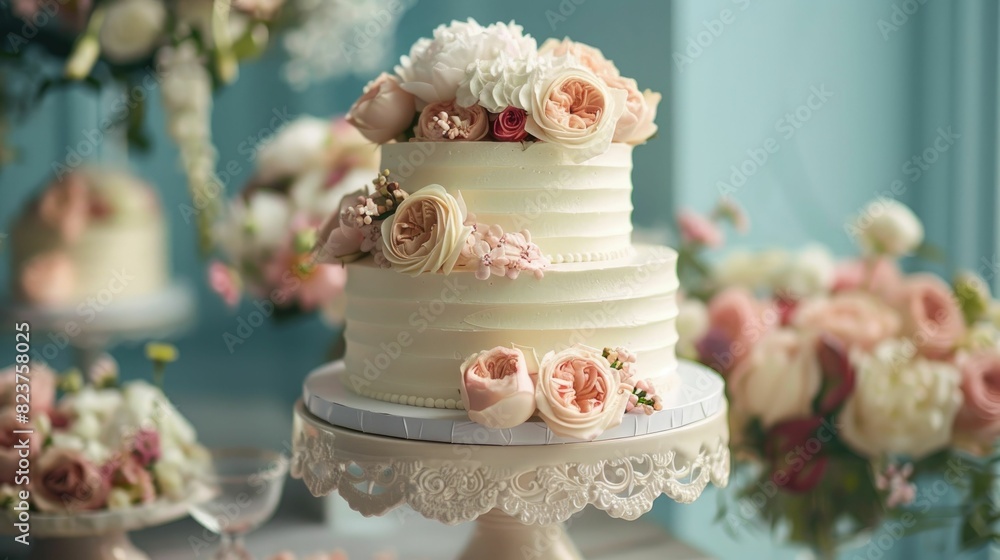 Exquisite cake displayed on a decorative podium with pastel colors, ideal for wedding and celebration themes with elegant floral accents