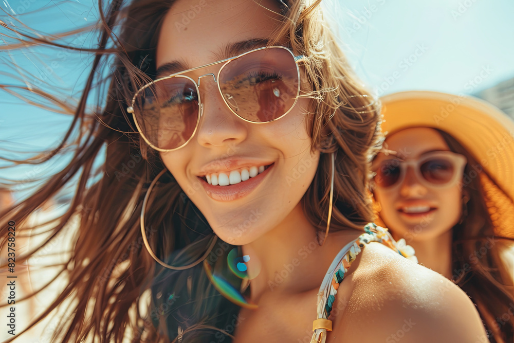 Attractive women striking playful poses on sun-drenched beach, epitomizing summer joys