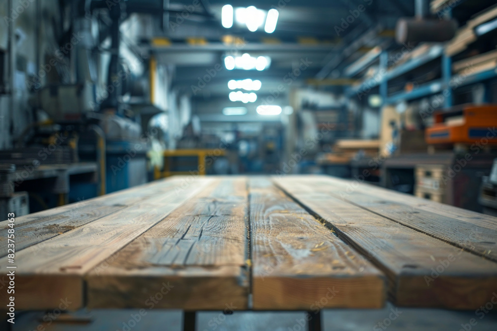 A wooden workbench in the foreground with a blurred background of an industrial workshop. The background includes various tools and equipment, metalworking machines, safety gear, and shelves. A wooden workbench in the foreground with a blurred background of an industrial workshop. The background includes various tools and equipment, metalworking machines, safety gear, and shelves.