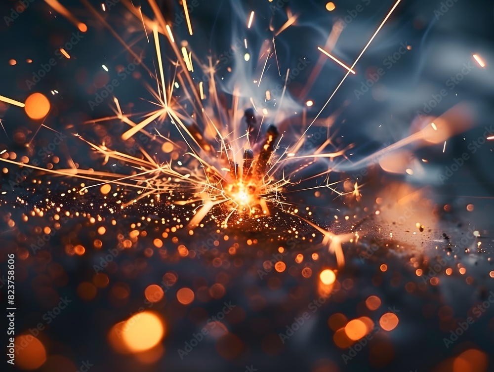 Obraz premium An intense moment frozen in time as a sparkler bursts into life, scattering fiery particles against a dark background.