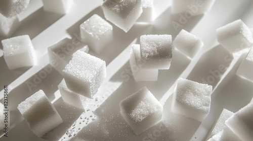Scattered sugar blocks with shadow play, close up, sweet concept, futuristic, fusion, minimal white background