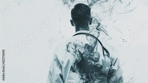 Overworked doctor with a stethoscope around neck, rear view, burnout theme, surreal, double exposure, pristine white background