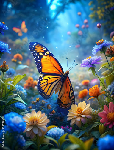 monarch orange butterfly and bright summer flowers © alone