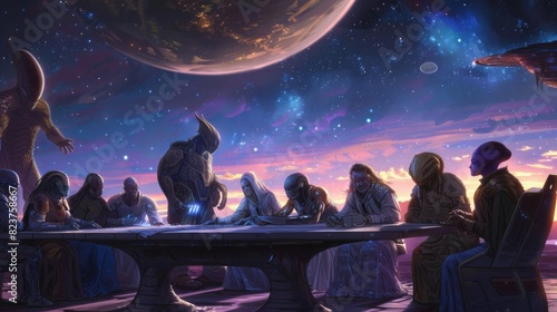 A diverse group of extraterrestrial beings convene around a table under a twilight sky with a large planet looming overhead. photo