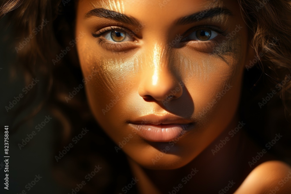 Close-up of a young woman's face bathed in golden sunlight, highlighting her features Close-up of a young woman's face bathed in golden sunlight, highlighting her features