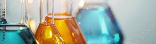 Assorted synthetic chemicals in glass beakers, close up, laboratory photography, realistic, overlay, white background