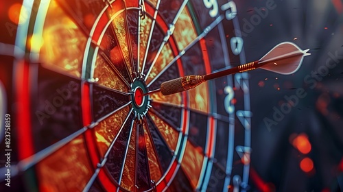 Macro photograph depicting a dart striking the bullseye on a dartboard, exemplifying accuracy and skillful aim.