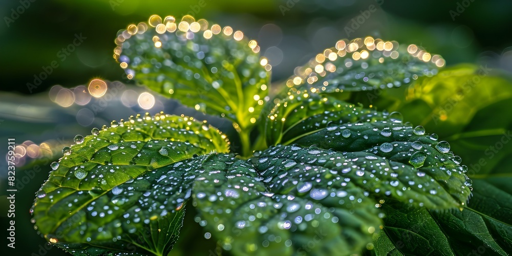 Morning Light Enhancing the Beauty of Dew Drops on Green Gotu Kola Leaf. Concept Nature Photography, Morning Light, Dew Drops, Green Gotu Kola Leaf Morning Light Enhancing the Beauty of Dew Drops on Green Gotu Kola Leaf. Concept Nature Photography, Morning Light, Dew Drops, Green Gotu Kola Leaf