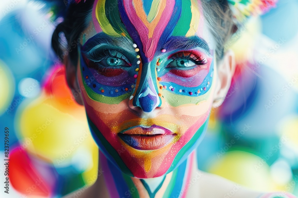 A creative portrait of a person with rainbow face paint and bold, colorful makeup, expressing joy and pride A creative portrait of a person with rainbow face paint and bold, colorful makeup, expressing joy and pride