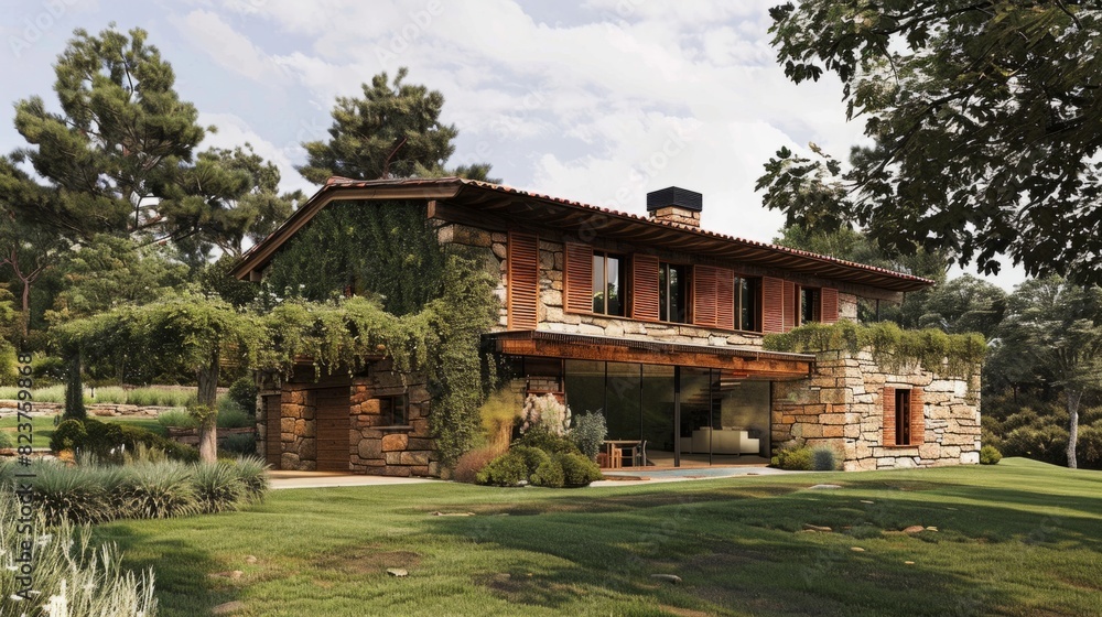 Ecological passive house with a rustic design, characterized by natural materials such as stone, wood and adobe generative ai Ecological passive house with a rustic design, characterized by natural materials such as stone, wood and adobe generative ai