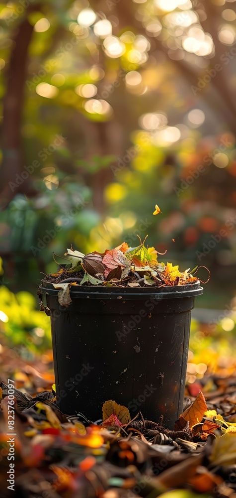 A black bucket is filled with autumn leaves A black bucket is filled with autumn leaves