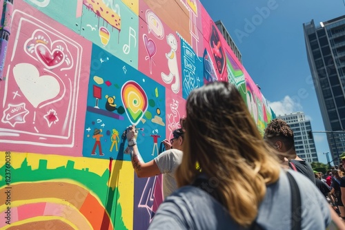 A street mural being painted by a diverse group of artists, the design featuring inclusive symbols and messages celebrating love