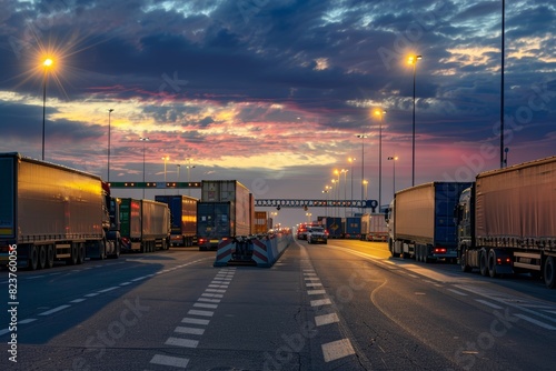 Dynamic Border Crossing Scene with Trucks Awaiting Evening Customs Clearance Under Vibrant Sky