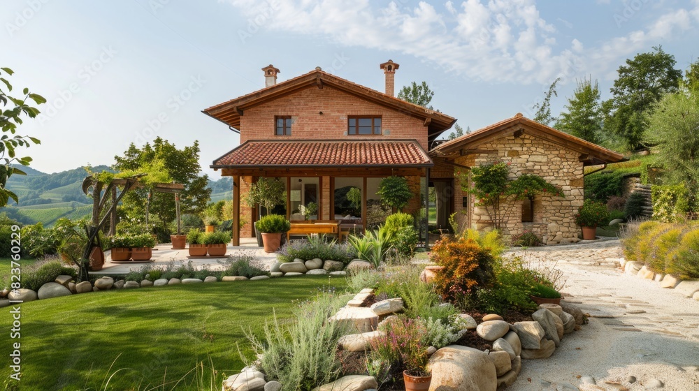 Obraz premium Ecological passive house with a rustic design, characterized by natural materials such as stone, wood and adobe generative ai