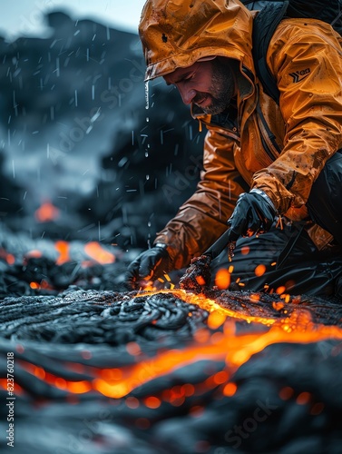 Geologists collecting samples near a bubbling lava field on a volcanic mountain photo