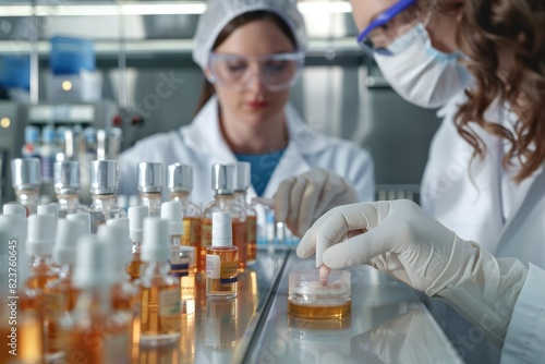 Product Testing Scientists in a lab testing skincare products on small samples, ensuring safety and efficacy before they reach the market