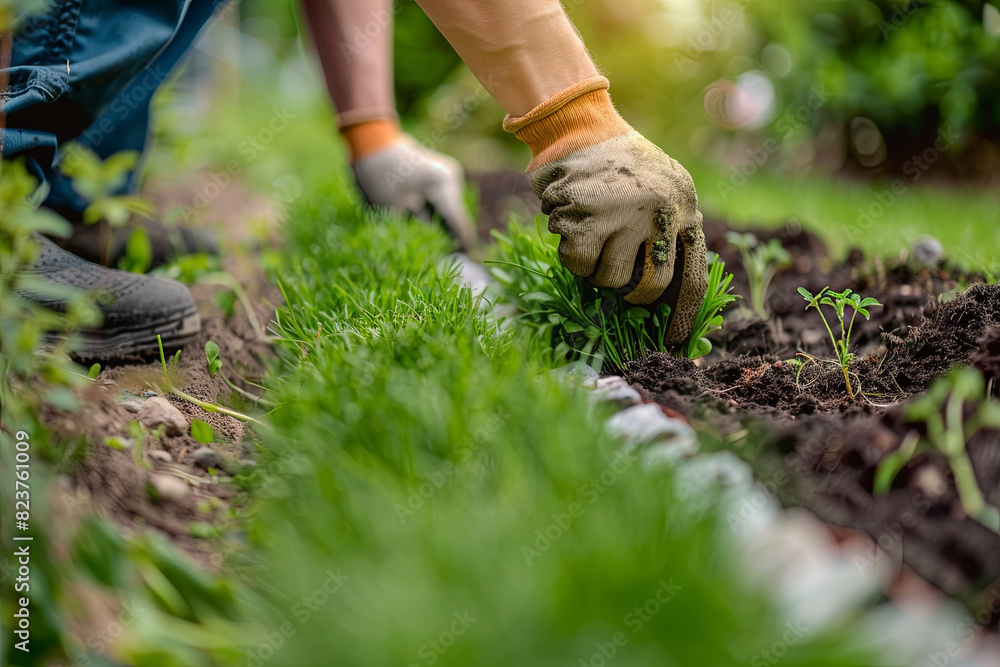 Skilled landscaper installing natural grass turfs, transforming garden into lush paradise Skilled landscaper installing natural grass turfs, transforming garden into lush paradise