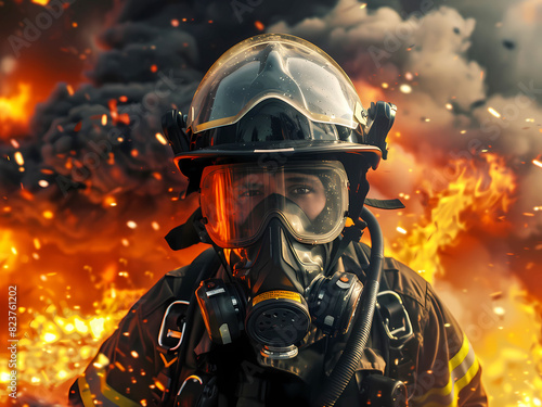 AI-Generated image of A firefighter is wearing a mask and helmet, standing in front of a fire. Concept of danger and urgency