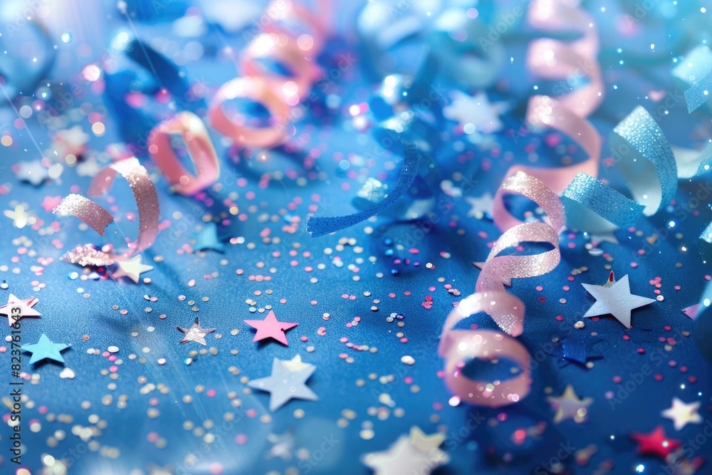 Beautiful Streamers and Stars on Blue Background. Festive Decor for Anniversary, Birthday, and Celebration Beautiful Streamers and Stars on Blue Background. Festive Decor for Anniversary, Birthday, and Celebration