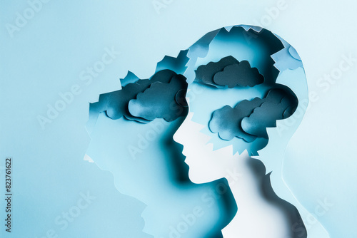 Human head with black clouds inside. Layers of paper cut out in blue and white. Concept of mental health. With copy space.