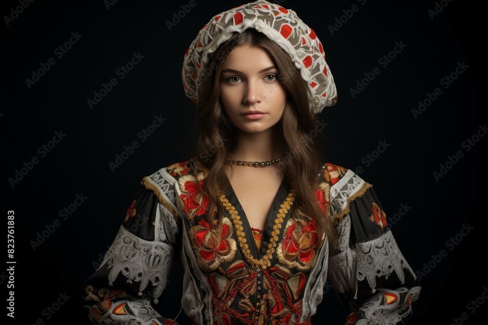 Beautiful young woman wearing traditional folk costume with intricate embroidery and ornate headpiece against a dark background in a studio portrait