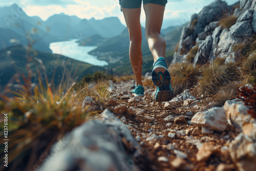 Close Up  Athlete running along a scenic mountain trail with a breathtaking panoramic landscape stretching out before them  embodying adventure and endurance