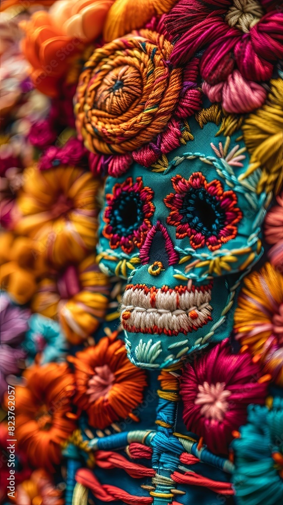 Colorful Dia de Muertos skeleton embroidery featuring soft focus flowers Colorful Dia de Muertos skeleton embroidery featuring soft focus flowers