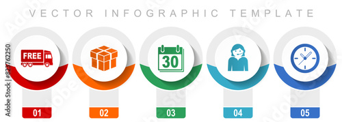 Business icon set, miscellaneous vector icons such as free delivery, calendar, clock and call center, modern design infographic template, web buttons in 5 color options