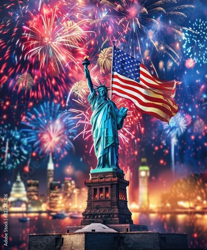 Illustration of the Statue of Liberty with an American flag and fireworks in the background. a symbol of America