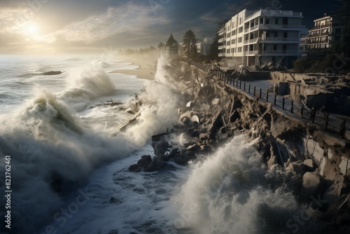 Coastal Erosion and Storm Waves Hitting Shore photo