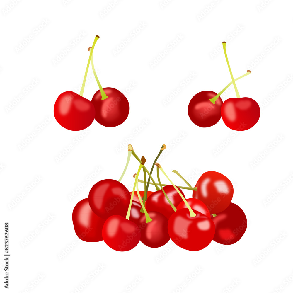 Set of cherries on white. Ripe cherry and bunches of cherry, set of tasty healthy red berries with green leaves flavored delicious dessert isolated vector graphics. Set of cherries on white. Ripe cherry and bunches of cherry, set of tasty healthy red berries with green leaves flavored delicious dessert isolated vector graphics.