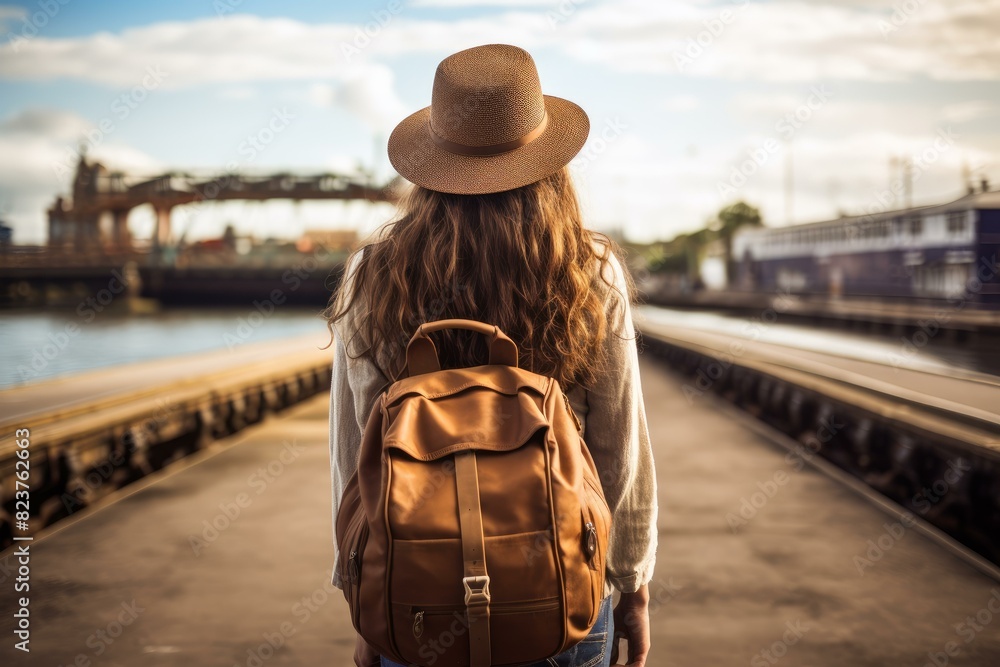 Young woman with a backpack standing on a platform, gazing at the tracks, evoking travel and anticipation Young woman with a backpack standing on a platform, gazing at the tracks, evoking travel and anticipation