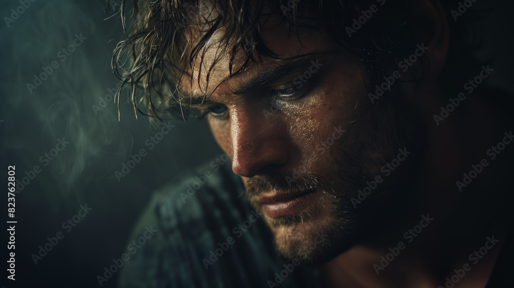 Dramatic Studio Portrait with one light of a man on a dark background Dramatic Studio Portrait with one light of a man on a dark background