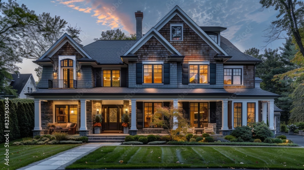 Suburban house with a traditional design, inspired by classic and timeless architecture. generative ai Suburban house with a traditional design, inspired by classic and timeless architecture. generative ai
